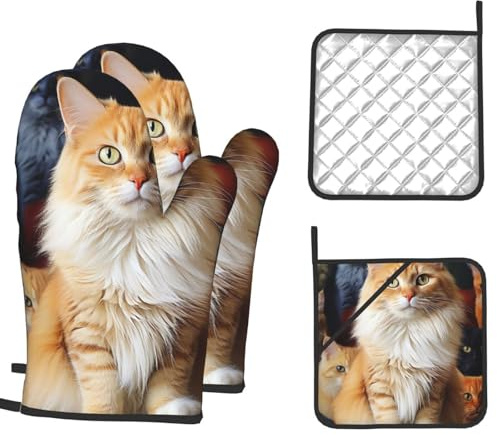 Ofenhandschuhe und Topflappen, 4er-Set, hitzebeständig, Grillhandschuhe, Katzen, Tier, Ofenhandschuhe, Handschuhe, rutschfeste Küchenhandschuhe, Topflappen zum Kochen, Backen, Grillen, Grillen