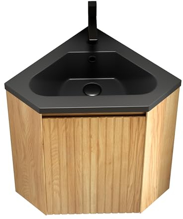 dowowdo Lavabo angolare da 38 cm con vasca in resina nera opaca da parete – Mobile da bagno triangolare in legno naturale con chiusura morbida, soluzione angolare salvaspazio per piccoli bagni