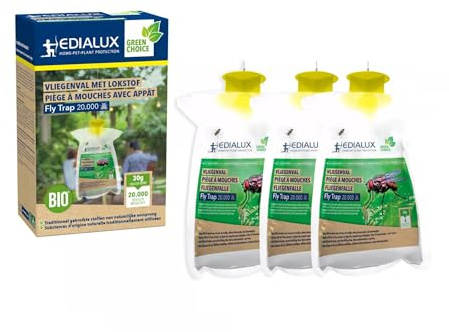 Edialux Ensemble de 3 pièges à Mouches extérieurs, Attrape Jusqu’à 20 000 Mouches, Attractif Naturel Non Toxique, prêt à l’Emploi, idéal pour Jardin terrasse écurie enclos Animaux Poubelle, sûr