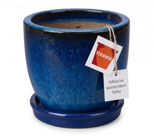 Teramico Macetero de cerámica con plato de 21 cm de diámetro, hecho a mano, de gres, resistente a las heladas, esmaltado para interior y exterior, decoración de jardín (azul real)
