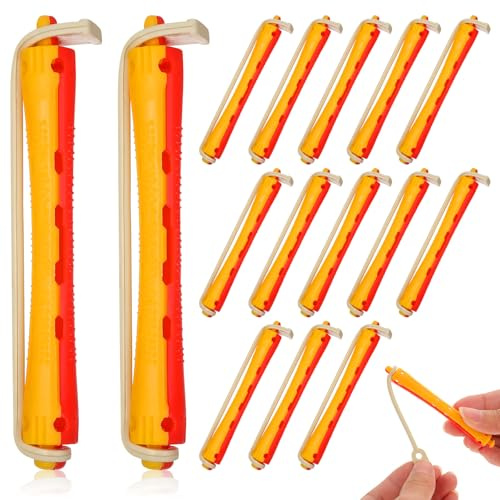 Healeved 24 Bigoudis Permanents avec Élastique Kit de Permanente pour Cheveux Naturels Grand Format 2 Couleurs Rouge et Jaune Outils de Coiffure Pratiques pour Maison et Salon