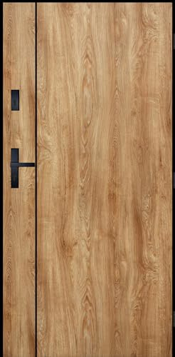 Haustür 90x200 cm DIN Rechts - Stahltür 72 mm mit Nano-Beschichtung - Eingangstür 44dB und 1,1 Ud - Komplettset inkl. Zarge und Drücker - Robuste Außentür mit Tresorbolzen - Wilanow Eiche Turner