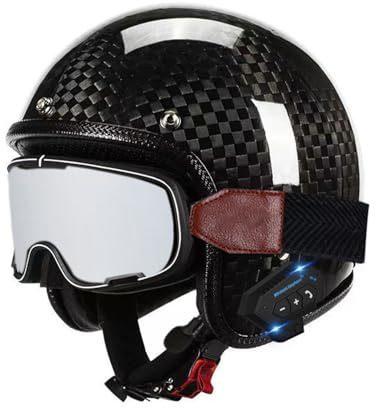Vintage Motorrad Jethelm Mit Bluetooth ECEDOT Zertifizierung Offenem Rollerhelm Mit Brille 3/4 Motorrad Halbhelme Für Erwachsene Frauen Männer Vintage Jet Crash Motorradhelm D,M:57-58CM
