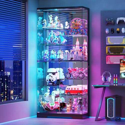 Lvifur Glasvitrine mit LED Beleuchtung und Glastüren für Wohnzimmer Schlafzimmer,35×78×180cm 5-Lagen Vitrinenschrank Vitrine mit Intelligente Sensorik für Sammlerstücke,Wein,Schwarz
