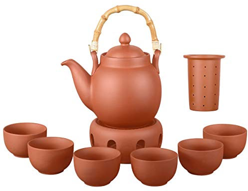 Aricola Ton Teeservice Tenno 8-teilig. Bestehend aus Ton Teekanne 1,1 Liter, Stövchen und 6 Tontassen. Handgefertigt, Original