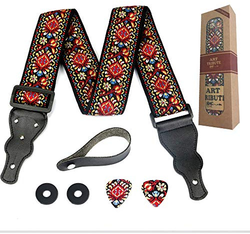 Guitar Strap For Acoustic, Electric and Bass Guitar, Red Woven Vintage Embroidered Adjustable Strap Includes 2 Strap Locks To Keep It Safe & 2 Unique Picks and Pick Pocket, Best Gift for Men & Women