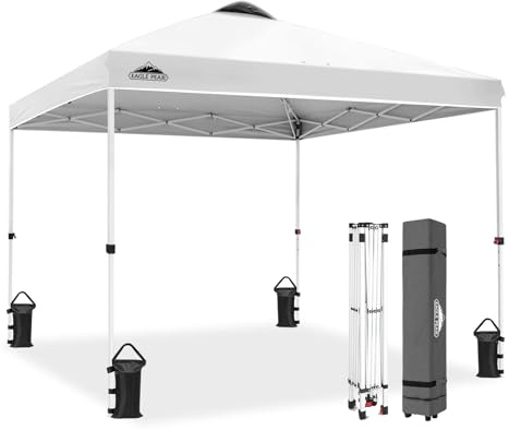 EAGLE PEAK Aufstellbarer Pavillon mit rollbarer Tragetasche, 8 Erdheringen, 4 Seilen, 4 Gewichtsacken, einfach aufzubauen, 3x3 m, 9 m² Schattenfläche, Weiß