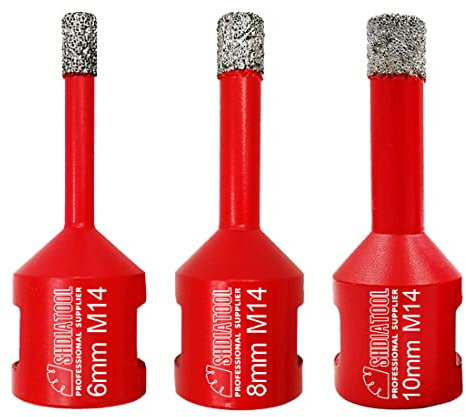 SHDIATOOL Forets Diamant 3PCS 6mm/8mm/10mm Brasé Sous Vide Trépans avec Filetage M14 pour Perçage à sec en Porcelaine Carrelage Granit Marbre