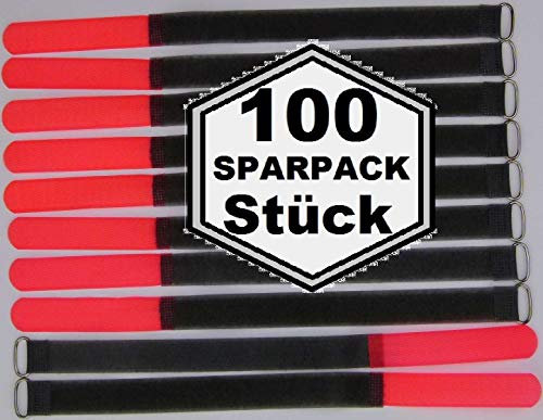 100x 30 cm x 20 mm FUK wiederverschleßbare Klett-Kabelbinder NEON ROT mit Metall-Öse - Kabel-Klettband 300 mm wiederverwendbar