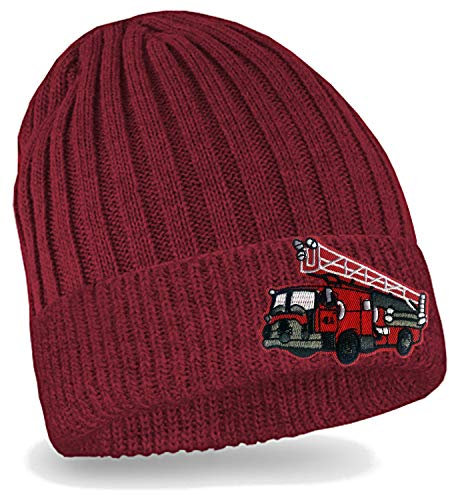 Blackshirt Company Kinder Mütze Feuerwehrauto Strickmütze Beanie Feuerwehr Kappe Farbe Rot