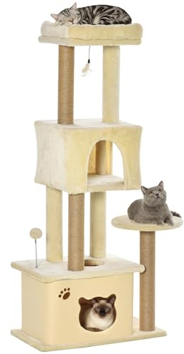 PawHut Árbol Rascador para Gatos Grande 60x34x136 cm con Cuevas Beige