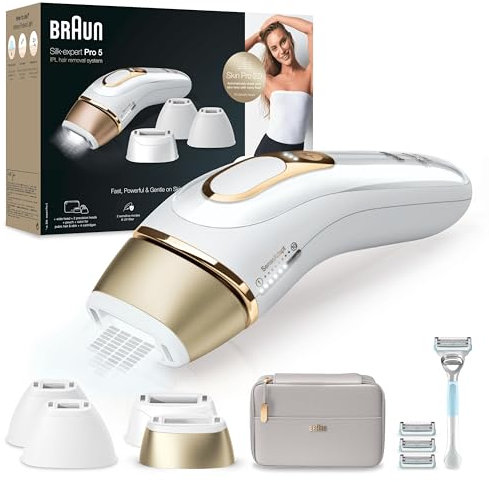 Braun IPL Silk Expert Pro 5 Haarentfernungsgerät Damen/Herren, 4 Aufsätze, sichtbare Haarentfernung, Designed In Germany, Venus Intimrasierer, Alternative zu Laser Haarentfernung, PL5358, weiß/gold