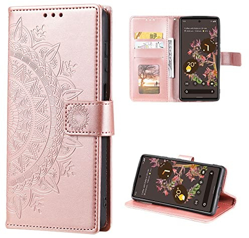 CoverKingz Handyhülle kompatibel mit Google Pixel 6 - Handytasche mit Kartenfach Klapphülle Case - Handy Hülle klappbar Motiv Mandala Rosegold
