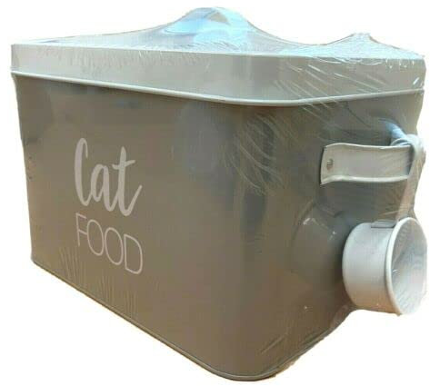TRTO 1Pcs Cat Food Storage Tin with Scoop Metal Cats Feeding Holder Biscuits Bin Canister Easy To Use and Cleans