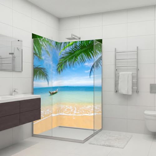 dedeco Eck-Duschrückwand wasserfest Motiv: Strand V2, UV-Lack glänzend, 2x 100x200 cm, Badrückwand zum Fliesenersatz, als Dekorwand, Wandverkleidung und Duschplatte aus Aluminium - Made in Germany