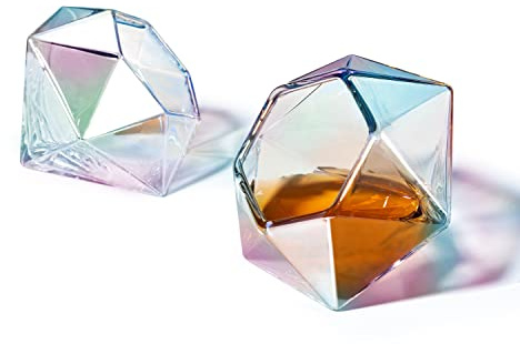 Set of 2 Iridescent Diamond Whiskey & Wine Glasses 10oz - Wine, Whiskey, Water, Diamond Shaped, Diamonds Collection Sparkle Patented Wine Savant - Stands Alone, Or on Stand