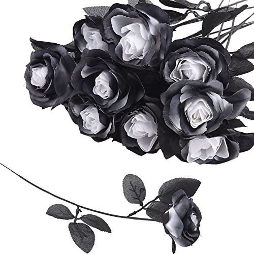 BestAlice 10 rose bianche e nere fiori artificiali, 40 cm, rosa nera fiore finto vero tocco singolo stelo di seta finto fiore per la casa giardino festa decorazione