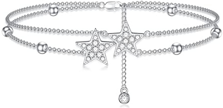 YAFEINI Stern Fußkettchen für Damen Silber 925 Mehrschichtiger Strand Fußkette Armband Verstellbares Boho Schmuck Geschenk für Frauen und Mädchen