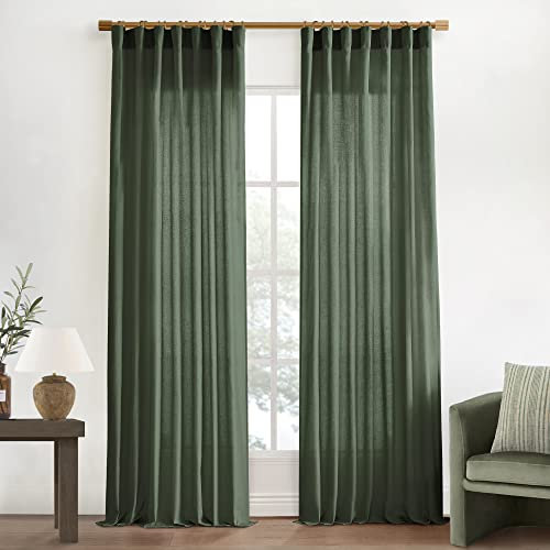 XTMYI 96 Inches Long Curtains Drapes for Sliding Glass Patio Door,Textured Cotton Boho Linen Sheer Window Curtain Panels,Set of 2,Moss Olive Green