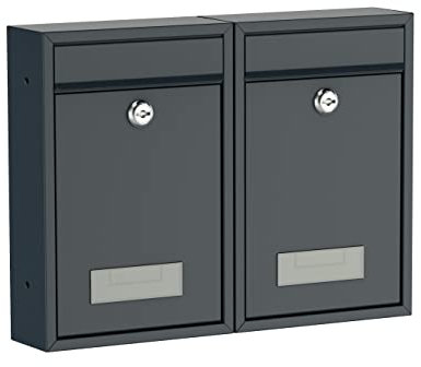 BASI | 2er Set Briefkasten | Wandbriefkasten Kompaktbriefkasten | DIN B5 | Namensschild jeweils 2 Schlüssel | Befestigungsmaterial | Briefkastenanlage | Stahlbriefkasten | Anthrazit Matt | 2 Stück