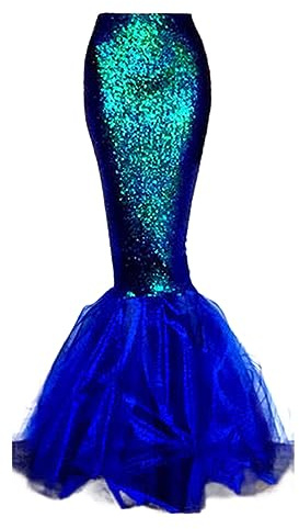 Miolasay Langer Meerjungfrauenrock für Damen, Halloween, Cosplay, Fantasie, Pailletten, langer Schwanz, Kleid mit Perlenkette, Sommer, Strand, Cosplay, Party, Rock