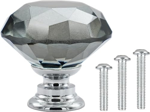 Vandicka 4 Pack 30mm Crystal Glass Cabinet Door Knobs Wardrobe Cupboard Dresser Drawer Pull Handles (Grey Diamond + Chrome Base) with Screws in 3 Sizes