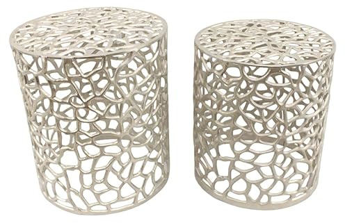 Casa Moro Orientalischer Beistelltisch DILA 2er Set Silber rund aus massiv Aluminium handgegossen | Kunsthandwerk Pur | Designer Metall Couch-Tisch im marokkanischen Stil | AL-6399