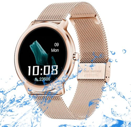Smartwatch Damen Herren IP67 Wasserdicht Fitnessuhr Sportuhr Bluetooth-Anrufe mit 1.1''Touchscreen Herzfrequenz-Schlafmonitor 7 Tage Lange Akkulaufze Itmehrfach Sportmodi Golden