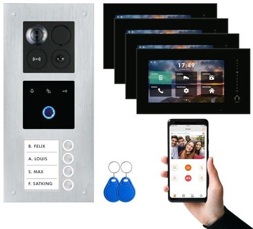 Balter ERA Silber IP Unterputz Video-Türsprechanlage mit Fingerprint Set 4 Familienhaus (1x Türstation mit Full HD Kamera, 4X Touchscreen 7 WiFi-Monitor Schwarz, Android & iOS APP, 2-Draht, RFID)