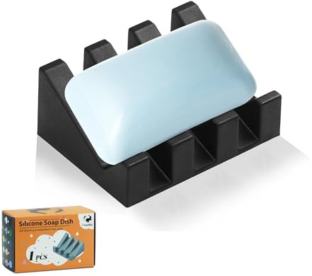 Coipdfty Self Draining Soap Dish Holder,Silicone Soap Dish,for Bathroom,Kitchen, Sponges，Can Extend Soap Life，Keep Soap Bars Dry and Easy Cleaning (Black,1-Pack)