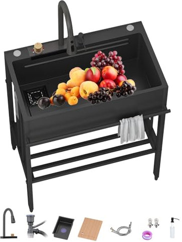 Évier inox professionnel Evier Cuisine 1Bac Évier exterieur de jardin Avec Robinet Et Support,Meuble Cuisine Exterieure Evier,Buanderie meuble,Lavabo salle de bain pour Salle De Bain,Bar,Restaurant (