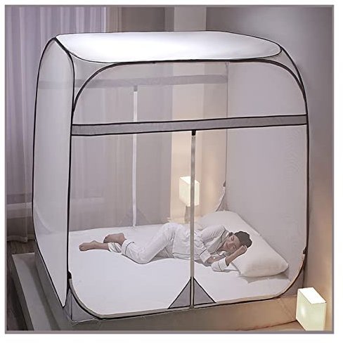 SZITW Betthimmel, quadratisch, 4 Ecken, Netz, Elegantes Moskitonetz, Spielzelt, Raumdekoration, Reißverschluss, Bettnetz, Baldachin, Bettwäsche (Farbe: Grau, Größe: 1,5 m)
