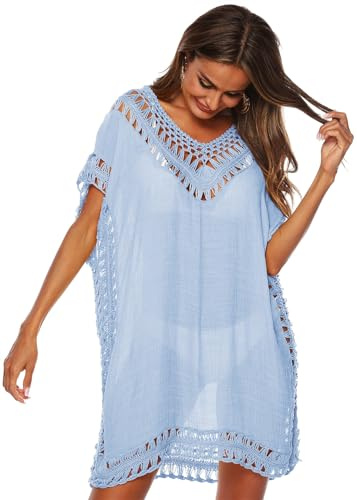 KANDEMY Damen Sommer Bikini Cover Up V-Ausschnitt Strand Poncho Strandkleid mit Cutout Crochet Badeanzug Sommer Kleider für Urlaub