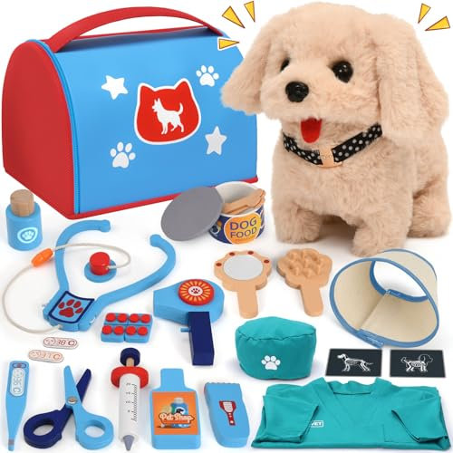 Atoylink Arztkoffer Kinder Holz Tierarzt Spielzeug Kinder Elektrisch Hund Spielzeug der Läuft und Bellt Arzt Kostüm Doktorkoffer Rollenspiel Interaktiv Hund Geschenk für Mädchen Jungen 3 4 5 6 Jahre