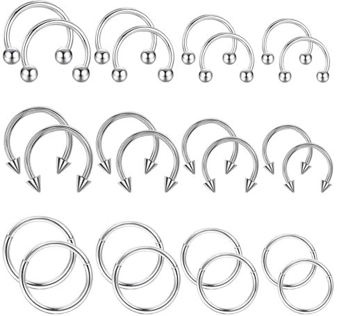 GUTERTOP 24 Stück Septum Piercing Silber, Hufeisen Piercing, Piercing Ring 6-12mm, Nasenpiercing Ring Chirurgenstahl Knorpel Creolen Silber