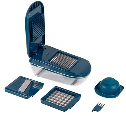 Mastrad - Coupe-Légumes Multifonction Avec Réservoir – 3 Lames Inox – Dés, Bâtonnets, Tranches 2 mm – Base Antidérapante – Compact – Avec Accessoires, Bleu