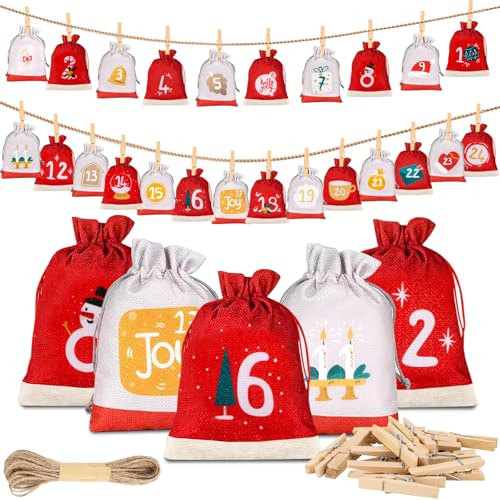 24 x Advent Calendar Fillable Bags for Children, 15 x 10 cm, Christmas Bags for Filling, Advent Calendar to Fill Yourself, Fabric Gift Bag