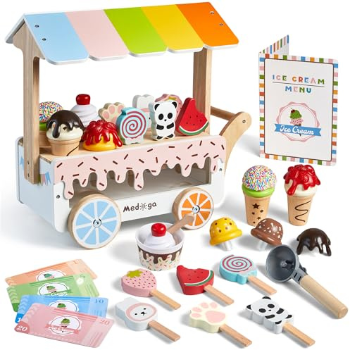 Wooden Ice Cream Cart Toy Playset with Ice Cream Toys Pretend Play Food Truck Play Kitchen Accessories with Ice Lolly & Scoop & Menu Wooden Toys Gift for 3 4 5 6 7 8 Year Old Girls Boys