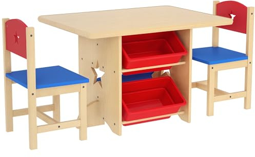 AIYAPLAY Mesa y Sillas Infantiles de 3 Piezas Mesa Infantil con 2 Sillas y 4 Cestas de Almacenamiento Juego de Muebles para Actividades para Niños de +3 Años para Sala de Juegos Natural