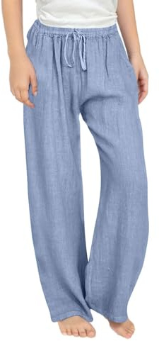 Guqmjde Pantalon d'été en lin uni pour fille - Pantalon d'été - Respirant - Confortable - Taille élastique - Pantalon de loisirs - Pantalon d'extérieur décontracté pour enfants, bleu clair, 8-9 ans