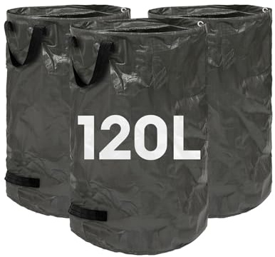 Harbour Housewares 120L Gartenabfallsäcke - Schwarz - 3X Groß Stark Wiederverwendbar Plastik Schwerlast Gartenarbeit Schutt Müll Gras Kompost Blatt Boden Unkraut Stecklinge Recycling Müllsäcke