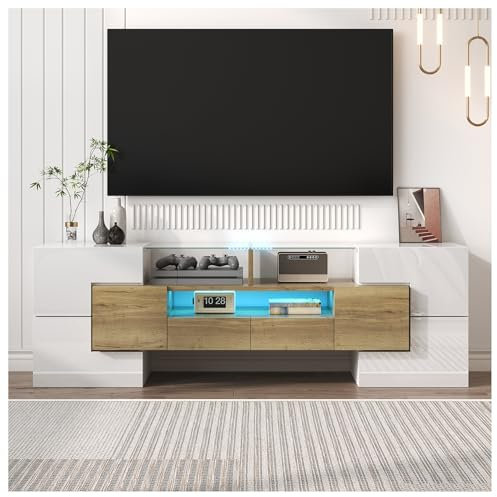 Seyakany Armoire TV élégante, lowboard. Blanc Brillant, 145 cm, éclairage LED, Meuble de Salon. Design Moderne. Surface en Verre élégante. Meuble TV LED, Meuble TV Blanc