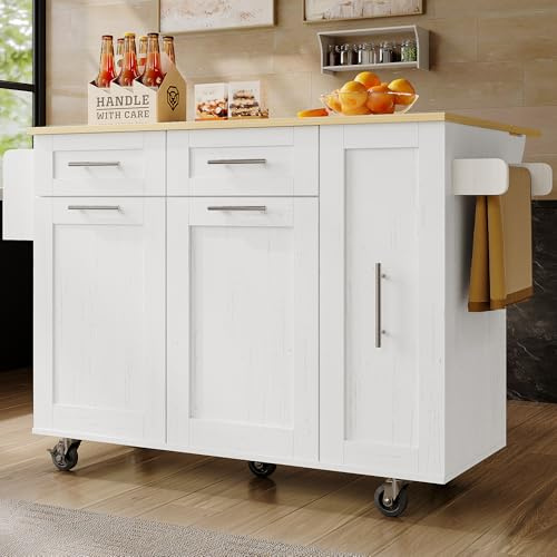 Wyibwy Carrello isola Cucina su ruote con piano di lavoro pieghevole,isola Cucina Mobile con ripiani e armadietti con stretch,carrello da pranzo con 2 cassetti e 3 ante,110 x 46x 90.5cm,Bianco