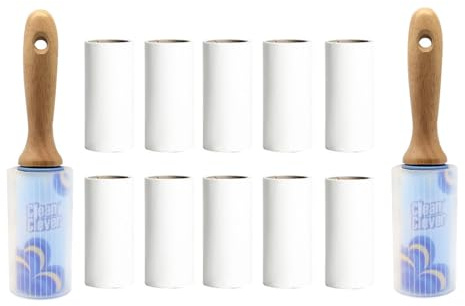 Wiederverwendbarer Fusselroller Set mit 12 Nachfüllrollen - Ökologischer Haarentferner mit Holzgriff, 60 Blätter/Rolle für Kleidung & Möbel