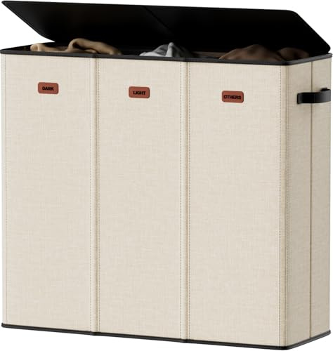 Vexalora 185L Laundry Hamper 3 Section, Laundry Hamper with Lid, Dirty Clothes Hamper with 3 Removable Washing Bags, Extra Large Laundry Basket Organizer for Bedroom, Laundry Room, Dorm - Beige