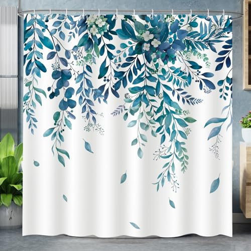 Dazzlewall Tenda da Doccia Foglie di Eucalipto, Verde Acqua Botanico Impermeabile 180x180cm, Antimuffa Tessuto Poliestere con 12 Ganci