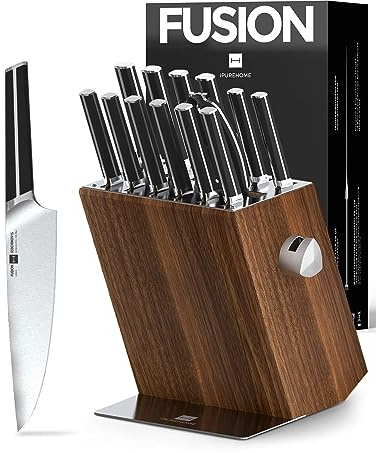 ZUNMARK Set da 14 Pezzi Coltelli da Cucina con Ceppo in Legno Portacoltelli, in Acciaio al Carbonio Tedesco X50CrMoV15, con Coltello da Chef, Coltello da Bistecca e Forbici