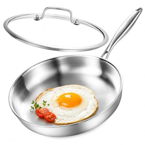 Nontoxicook Tri-Ply Stainless Steel Pan, 20cm Frying Pan with Lid, PTFE & PFOA Free, Compatible with All Cooktops Up to 315℃, Fast & Even Heat, Skillet, Induction Cookware, Cooking Pan