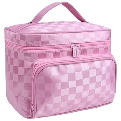 Waschtasche Lattice Big Kosmetiktasche for Damen, gestreift, wasserdicht, professionelles Kulturbeutel-Set, Wash Necessaire, Reise-Organizer, Make-up-Box(Lattice Pink)