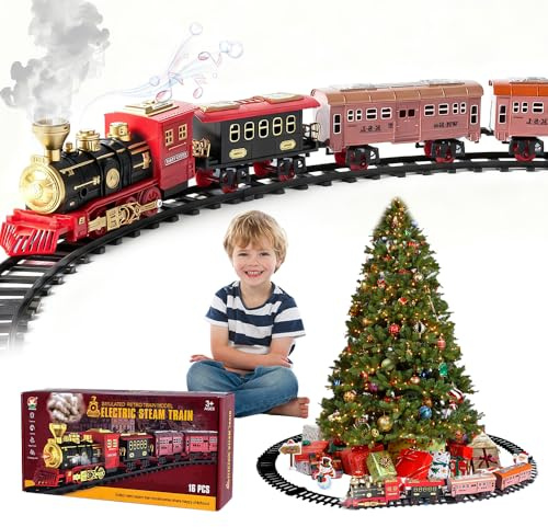 RNPKZ Christmas Train Set, Electric Train Toy with Water Steam, Light & Sounds, Rechargeable Steam Train Under Christmas Tree, Model Train Set for Kids Boys Girls Xmas Birthday Gift